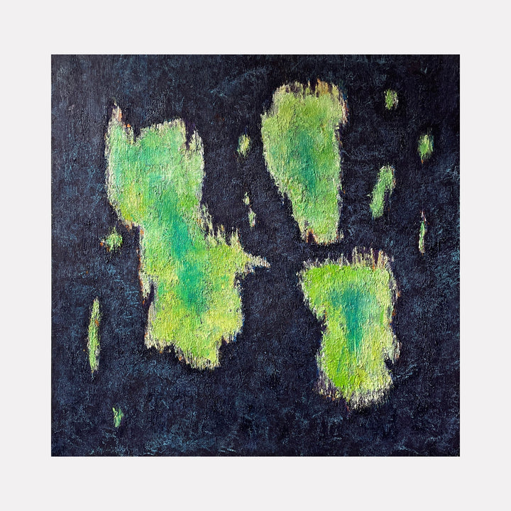 The artwork 'número 55' by Roberto A Godinez features abstract luminous green formations floating against a deep black background. The oil painting showcases four main irregular shapes with a textured, ethereal quality, accompanied by smaller scattered elements, creating a cosmic or underwater effect. The contrasting colors and brushwork technique create a striking visual dynamic on the 36x36 canvas.