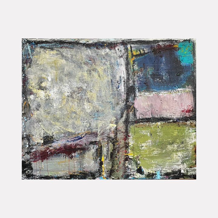 The artwork 'Outside The Lines' by Jordan Barker features an abstract composition divided into geometric sections with textural brushstrokes. A weathered grey dominates one quadrant, while soft pink, sage green, and deep blue sections create a balanced color palette. The mixed media technique creates rich layers and distressed surfaces, lending an urban, contemporary feel