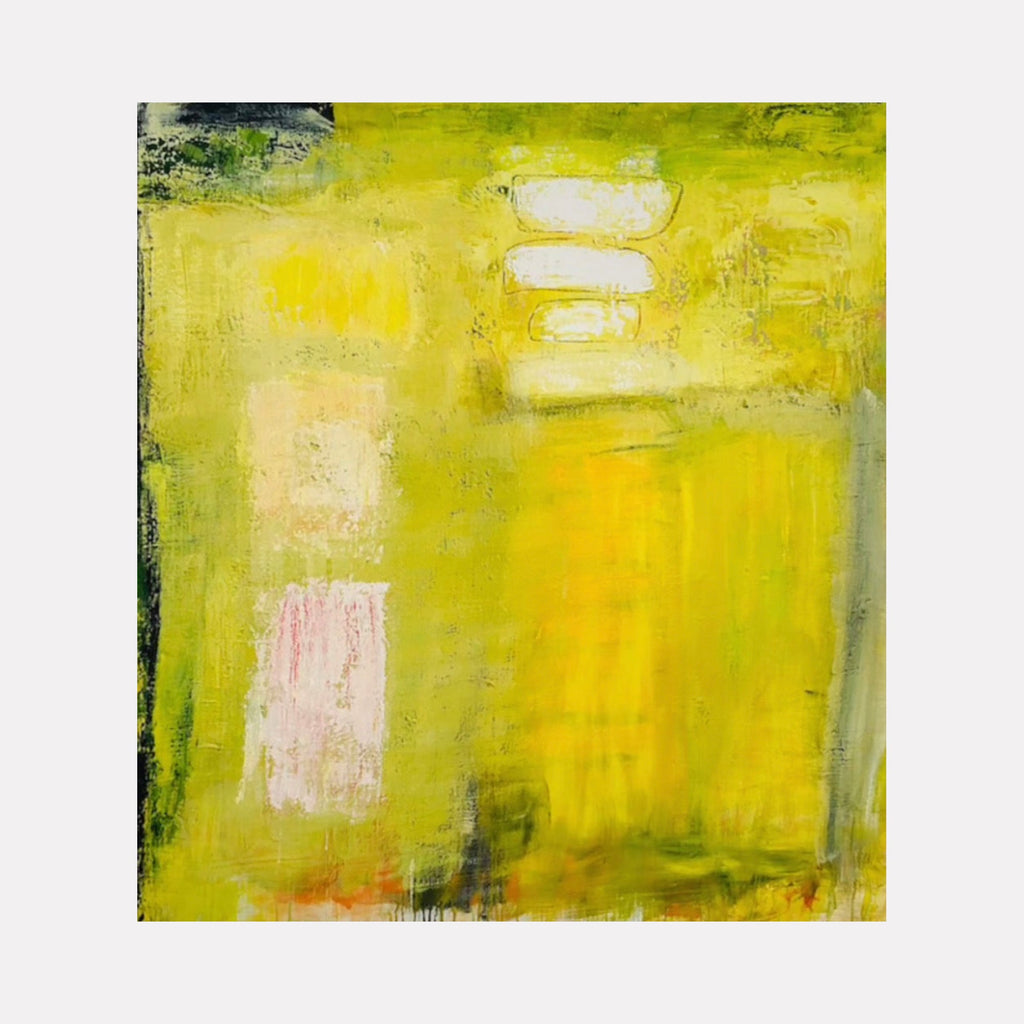 The artwork 'Memories of Things Past' by Petra Nimtz features abstract expressionist composition in vibrant yellow-green hues, with subtle pink and white geometric forms floating against a textured background. Bold brushstrokes and layered oil paint on linen create depth and movement across the 45x49 inch canvas.