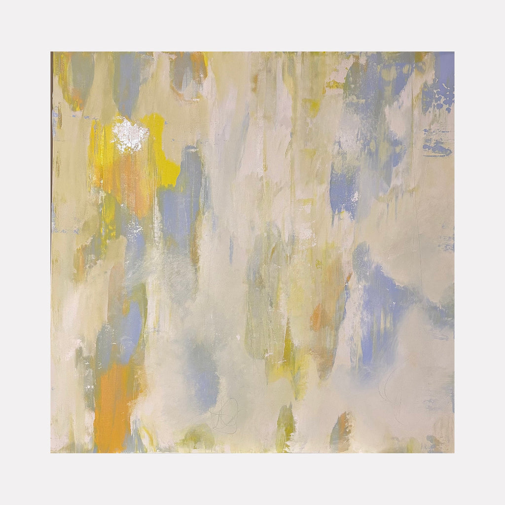 The artwork 'Sweet and Sour' by Tammy Kushnir features a contemporary abstract composition with soft, ethereal brushstrokes in pastel hues. Delicate washes of pale yellow, muted blue, and cream blend seamlessly across the canvas, creating a dreamy atmospheric effect. The mixed media painting showcases dynamic vertical movements and translucent layers measuring 36x36 inches.