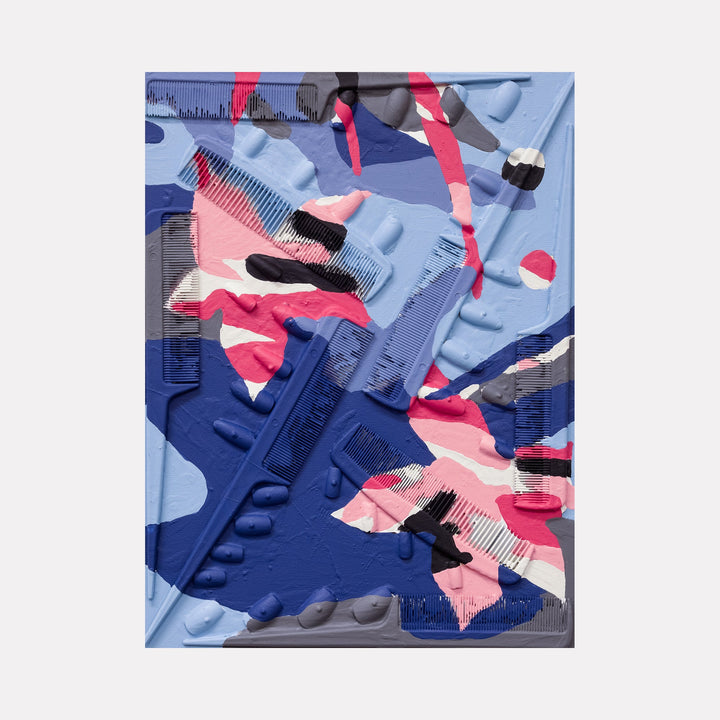 The artwork 'Trying to Blend In 4' by Marco DaSilva features overlapping plastic combs in navy blue and pink hues, creating an abstract collage effect. Various textures emerge from acrylic nails and house paint on wood panel, with geometric patterns and dynamic diagonal compositions in a contemporary mixed-media style. By Marco DaSilva.