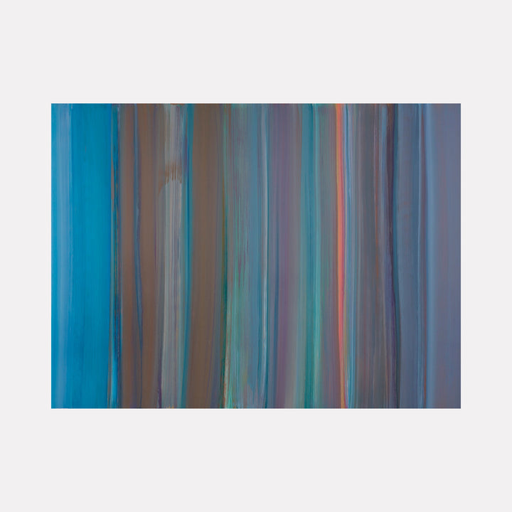 The artwork 'Victory Banner 2' by Willy Bo Richardson features vertical brushstrokes in a harmonious blend of turquoise blue, earthy brown, and muted purple tones. The oil painting on aluminum panel creates a flowing, atmospheric effect with smooth transitions between colors, suggesting movement and depth through parallel linear strokes.