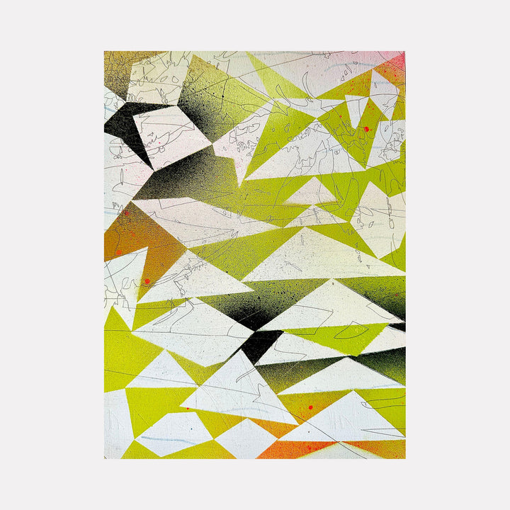 The artwork 'West Coast' by Ann Tarantino features dynamic geometric shapes in chartreuse, white, and black creating an abstract angular composition. Sharp triangular forms intersect and overlap, with gradient shading effects on a laser-etched panel. The piece combines bold lime-green hues with subtle orange accents, displaying a modern, crystalline aesthetic in acrylic medium.