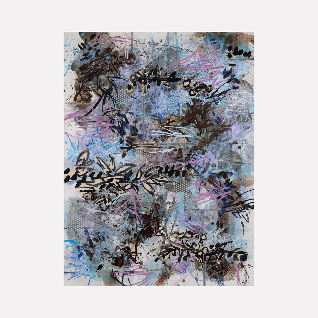 The artwork 'Winter Solstice 1' by Lisa Petker Mintz features abstract organic shapes in black and charcoal dancing across a misty background of pale blues, soft pinks, and silvery grays. Dynamic brushstrokes and layered textures create a sense of movement, while raw canvas elements add depth and texture to this 60x40 inch acrylic painting.