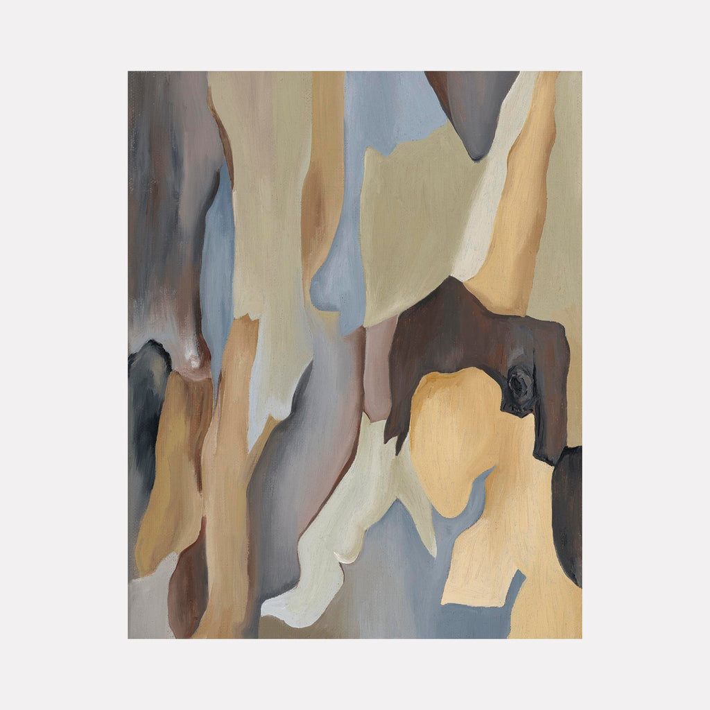 The artwork 'Bound by the Eucalypt' by Taylor Stoneman depicts an abstract interpretation of eucalyptus tree bark, featuring organic flowing shapes in muted tones of blue, beige, and brown. The oil on linen painting captures the natural peeling patterns and textural elements characteristic of eucalyptus bark through smooth brushstrokes and layered color transitions.