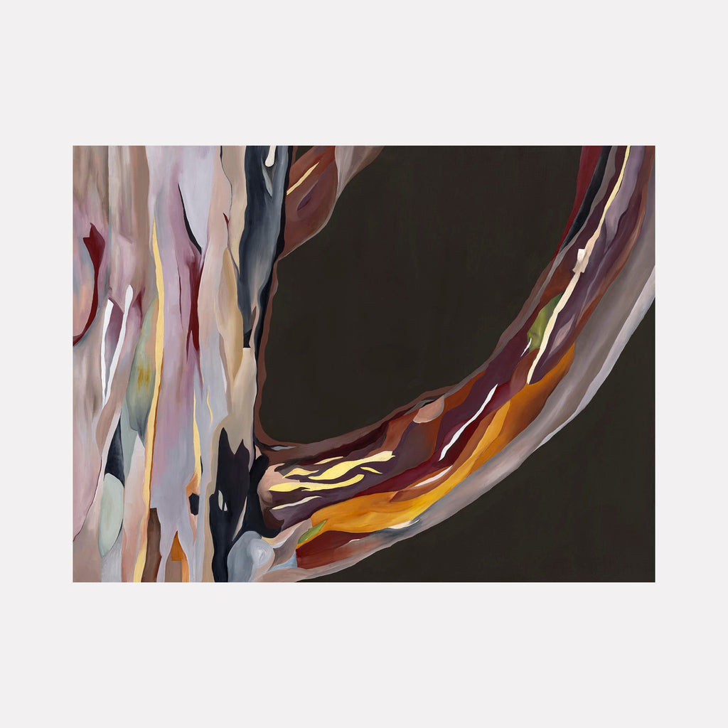 The artwork 'Eucalyptus Bough' by Taylor Stoneman features abstract layers of flowing shapes in muted pink, cream, and blue tones contrasting with warm amber and deep brown sweeps. The oil painting on linen captures the organic, peeling texture of eucalyptus bark through fluid brushstrokes and elegant color transitions. Taylor Stoneman.