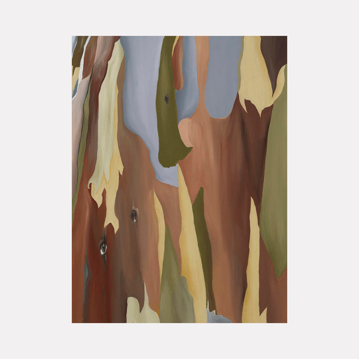 The artwork 'Kaleidoscope Eucalyptus' by Taylor Stoneman features abstract organic shapes in warm earth tones, resembling eucalyptus bark patterns. The oil on linen painting displays fluid strokes of brown, olive green, pale yellow, and slate blue, creating a vertical composition that captures the distinctive peeling texture and natural color variations of eucalyptus tree bark.