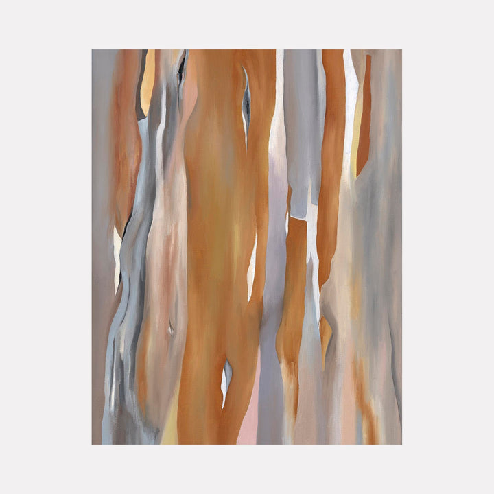 The artwork 'Ochre Eucalyptus' by Taylor Stoneman features vertical brushstrokes in rich ochre and silver tones, creating an abstract interpretation of eucalyptus bark. The oil on linen painting showcases fluid, organic forms with gentle color transitions between warm earth tones and cool metallic grays, capturing the natural textures and peeling patterns characteristic of eucalyptus trees.