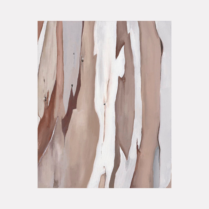 The artwork 'Stripped Eucalyptus' by Taylor Stoneman features abstract vertical strokes depicting eucalyptus bark in soft neutral tones. The oil painting on linen captures the natural peeling patterns with fluid brushstrokes in white, taupe, and pale browns, creating a minimalist study of organic texture and form.