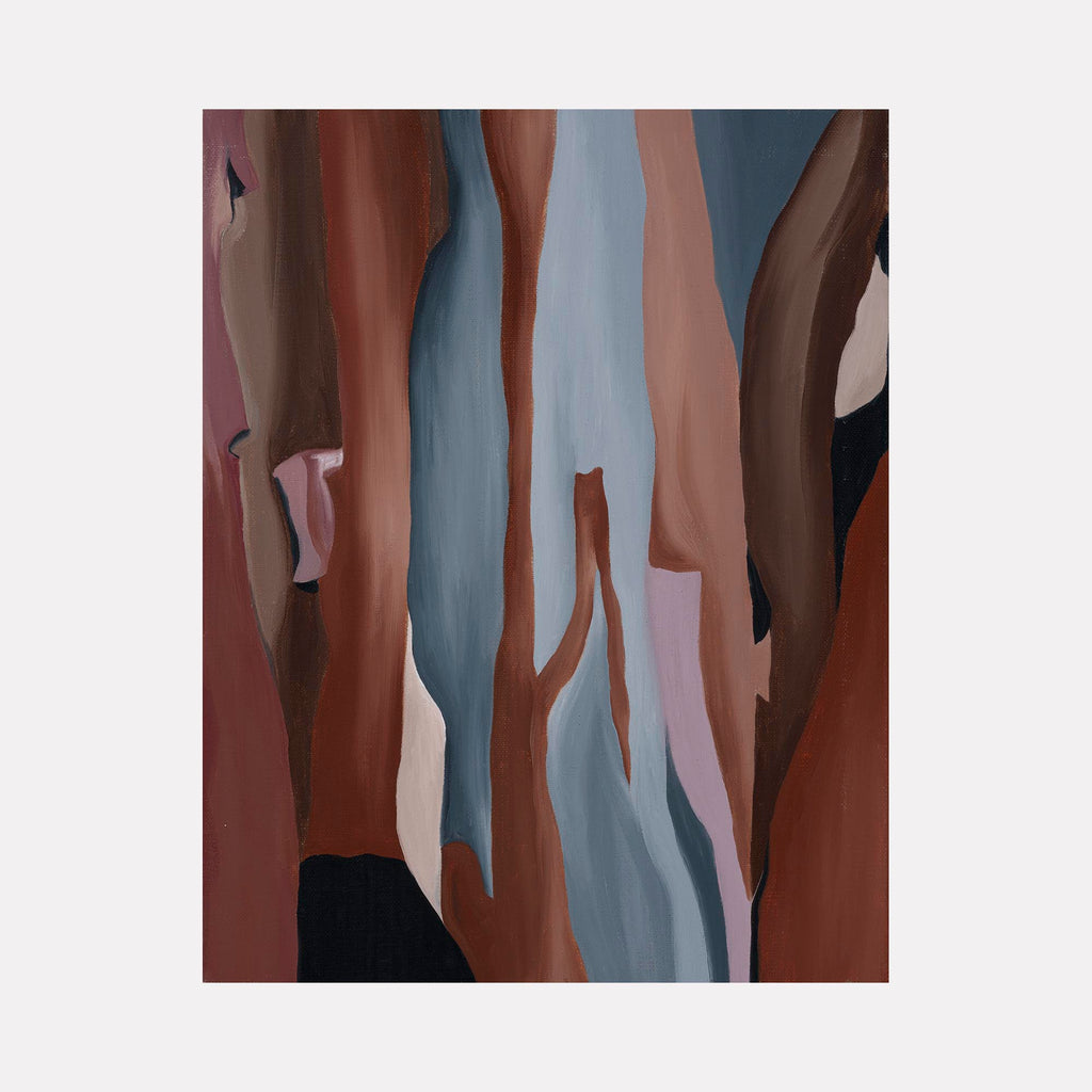 The artwork 'Veiled Metamorphosis' features flowing abstract forms in rich browns, muted blues, and soft pink hues. Vertical brushstrokes create organic, interweaving shapes reminiscent of fabric or bark textures. The oil on linen painting showcases a harmonious blend of warm and cool tones in a contemporary abstract style. By Taylor Stoneman.