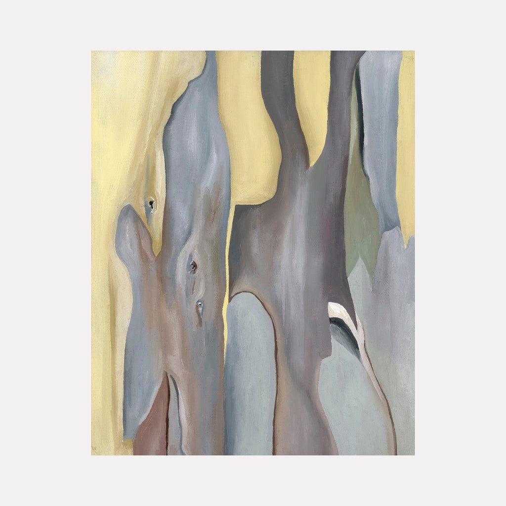 The artwork 'Yellow Eucalyptus' by Taylor Stoneman features flowing abstract forms in soft yellow and gray tones, depicting the organic patterns of eucalyptus bark. The oil on linen painting showcases smooth transitions between warm and cool hues, with distinctive vertical streaks and curved shapes creating a naturalistic yet modern interpretation. 10x8 inches by Taylor Stoneman.