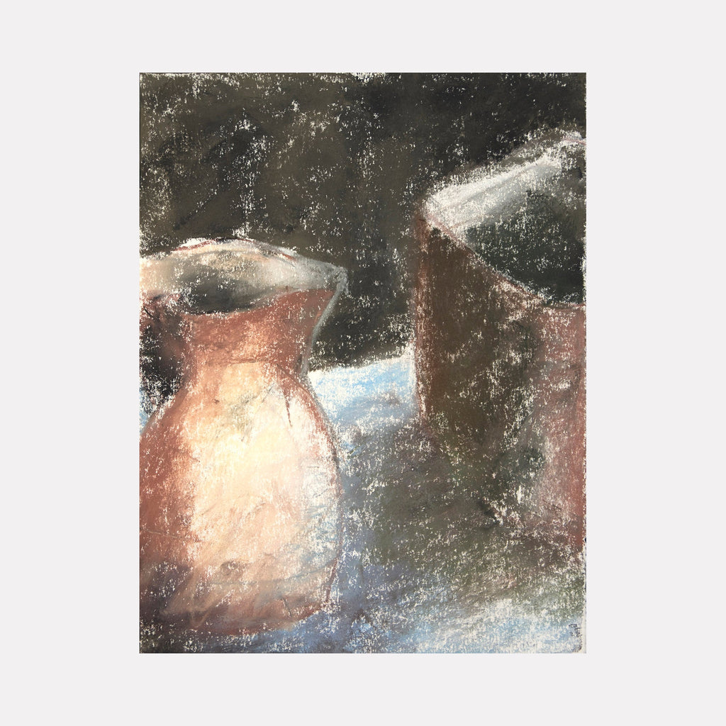 The artwork 'Ewer and Basket' by Todd Gilens features a textural dry pigment composition on paper, depicting a terracotta-colored ewer against a moody dark background with hints of blue undertones. The impressionistic style creates a soft, atmospheric effect through muted earth tones and chalky textures, measuring 11 inches high by 14 inches wide.