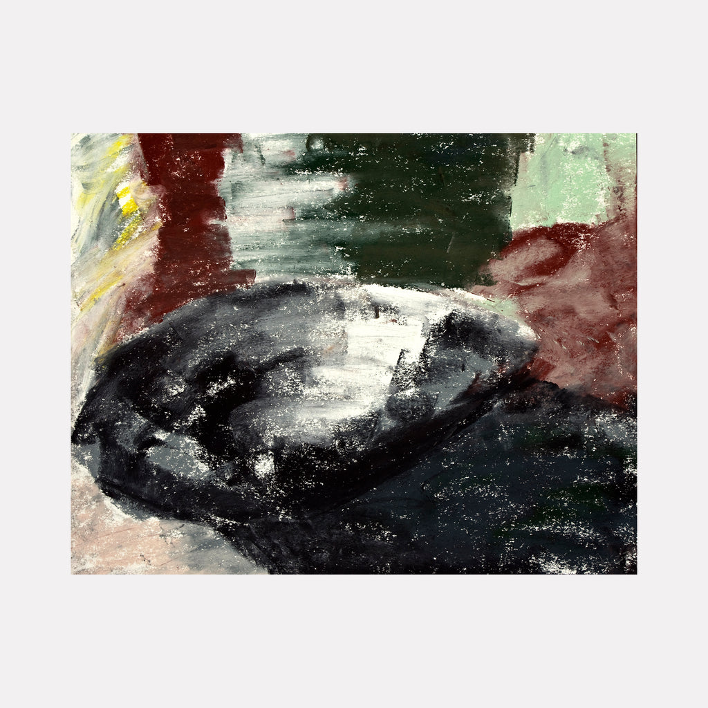 The artwork 'Black Bowl' by Todd Gilens features a dramatic abstract composition with a deep black curved form suggesting a bowl against a textured background of burgundy, forest green, and pale mint hues. Created with dry pigment on paper, the piece showcases expressive brushstrokes and dynamic color contrasts. By Todd Gilens.