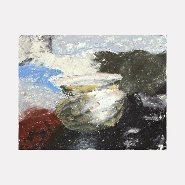 The artwork 'Ewer in Landscape' by Todd Gilens depicts an abstract pottery vessel rendered in white and gray against a dramatic landscape background, featuring bold strokes of blue sky, dark mountains, and earthy red tones, painted with dry pigment on paper in an expressive, textural style.