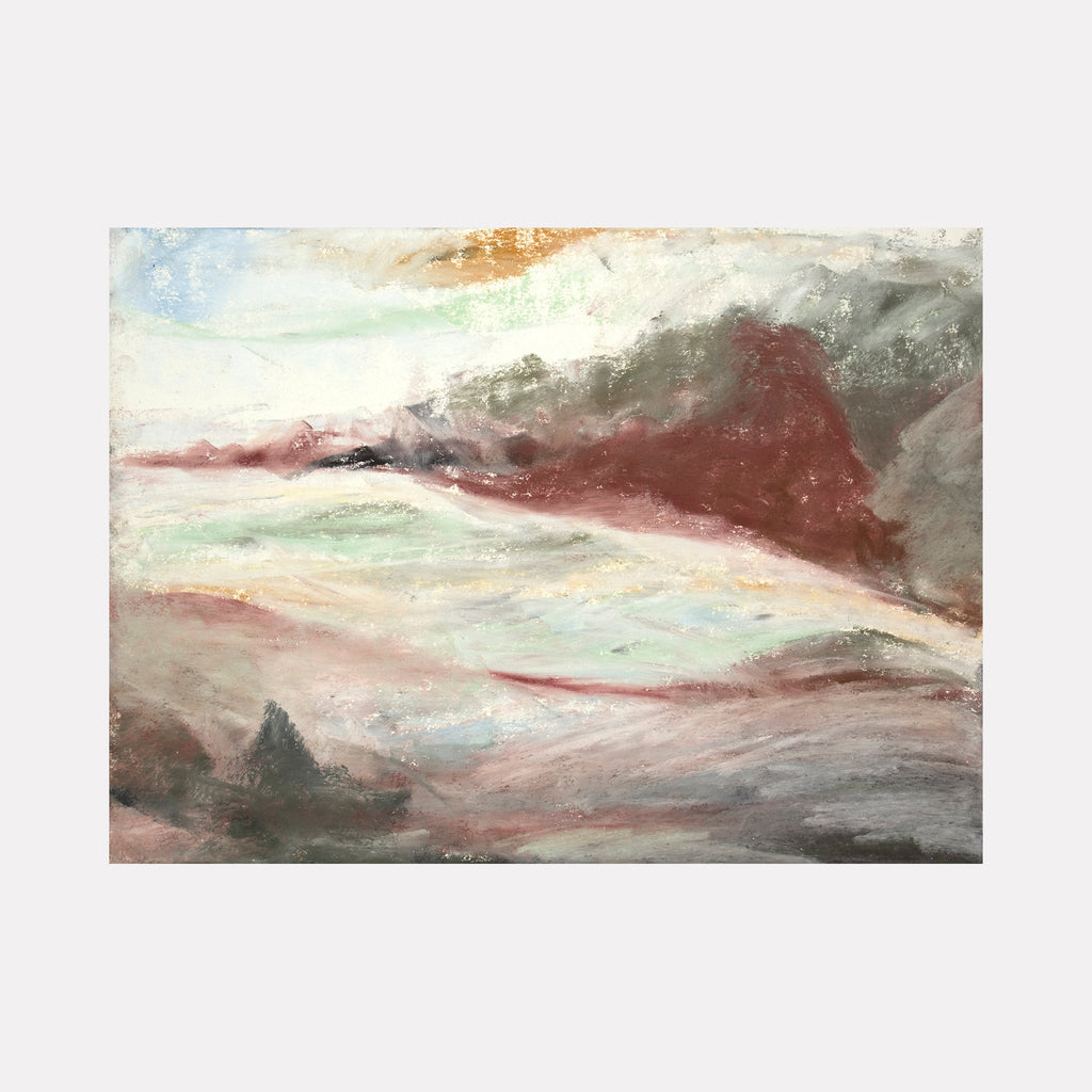 The artwork 'Landscape with Swells' by Todd Gilens features ethereal waves of muted reds and grays sweeping across a misty horizon. Abstract mountainous forms emerge through layers of dry pigment, creating a dreamlike coastal landscape with soft transitions between earth and sky. The 11x14 inch composition on paper blends natural terrain with atmospheric elements.