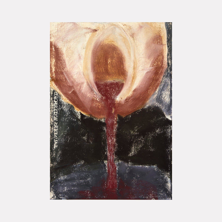 The artwork 'Jug and Red Liquid' by Todd Gilens depicts an abstract vessel in warm peach tones pouring a stream of deep red liquid against a dark textured background. Created with dry pigment on paper, the piece features expressive brushstrokes and a dramatic contrast between light and shadow, measuring 11 by 16 inches.