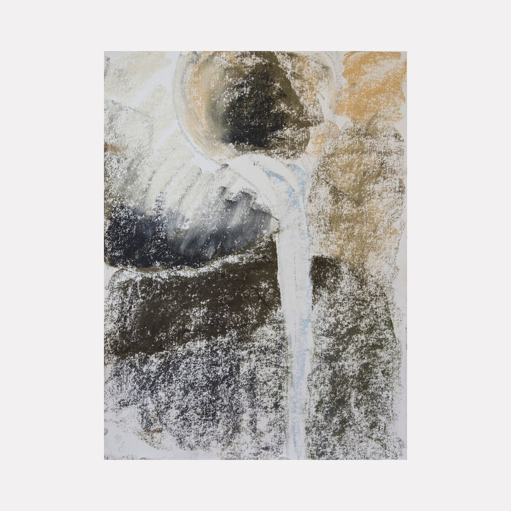 The artwork 'Jug with Milk' by Todd Gilens depicts an abstract representation using dry pigment on paper. A flowing white vertical stream suggests pouring milk, contrasting against a textured dark background. Earthy tones of brown and beige blend with charcoal greys, creating a minimalist composition with subtle atmospheric effects. By Todd Gilens.