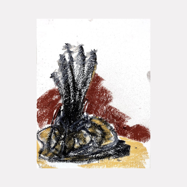 The artwork 'Small Arrangement III' by Todd Gilens features an abstract composition in dry pigment on paper, depicting a dramatic upward-reaching black form against a rustic red and golden background. The central structure suggests organic movement with textured, granular effects created through the dry pigment technique. 9x12 inches, by Todd Gilens.