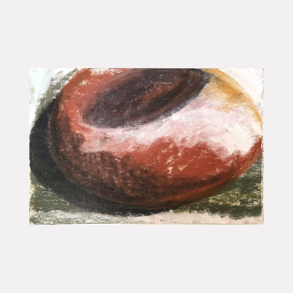 The artwork 'Large Container' by Todd Gilens features a curved, organic form rendered in rich earthy tones of rust red, deep brown, and cream. The abstract shape suggests a vessel or container with smooth, rounded contours, created using dry pigment on paper. Dark shadows and highlights create depth and dimensionality against a muted green and beige background.