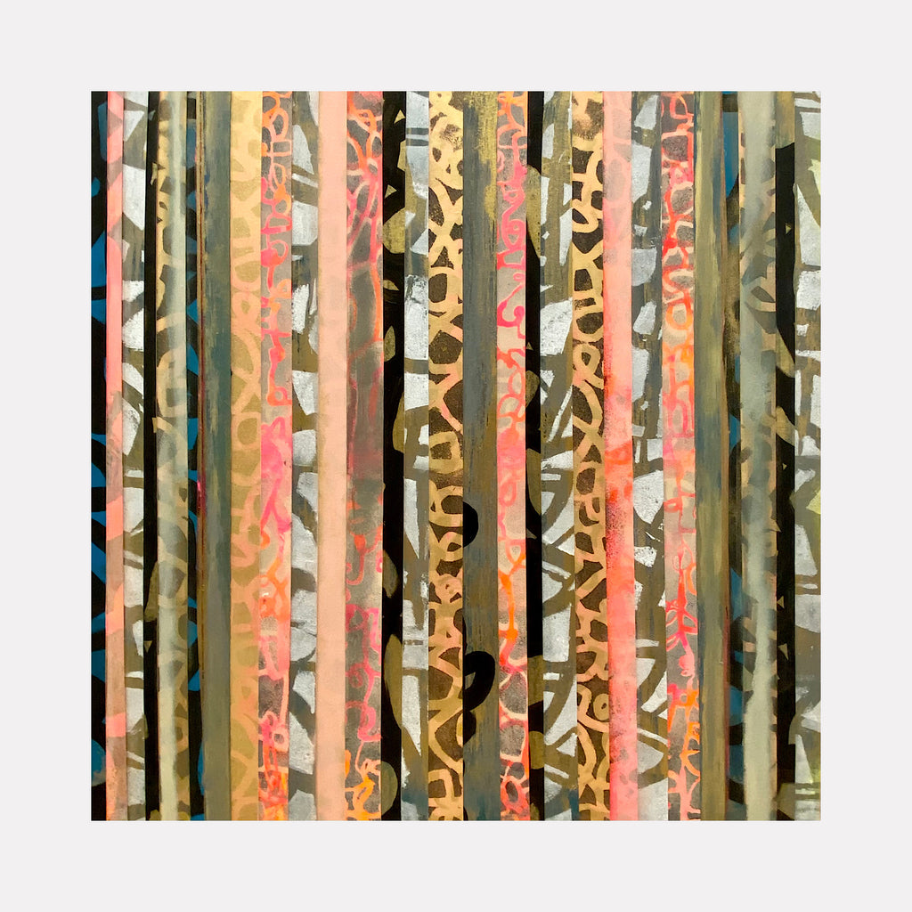 The artwork 'Antigua' by Nicole Hitchcock features vertical striped patterns in coral, olive, and teal tones. Abstract collage elements create layered textures with organic shapes and calligraphic-like marks throughout. The mixed media composition is sealed in resin, giving depth and luminosity to the 24x24 inch piece. The interplay of warm and cool colors creates a rhythmic, contemporary design.