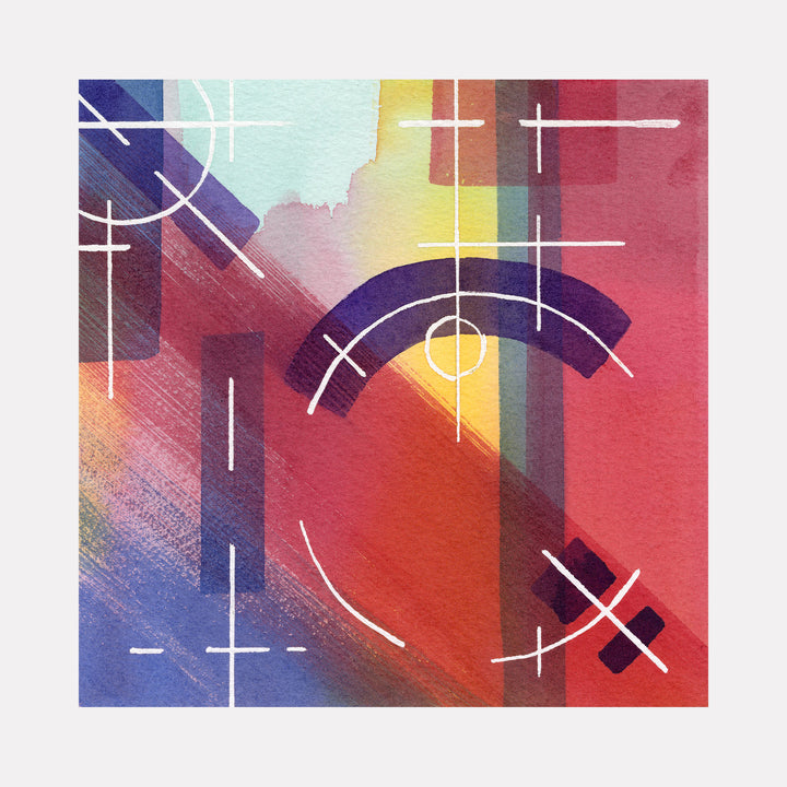 The artwork 'A Star is Born' features geometric white lines and arcs intersecting across a vibrant watercolor background blending deep blues, mint green, golden yellow, and rich crimson. Abstract angular patterns create a modern, minimalist composition with striking contrasts and fluid color transitions in an 8x8 inch format. By Arthur Norcome.