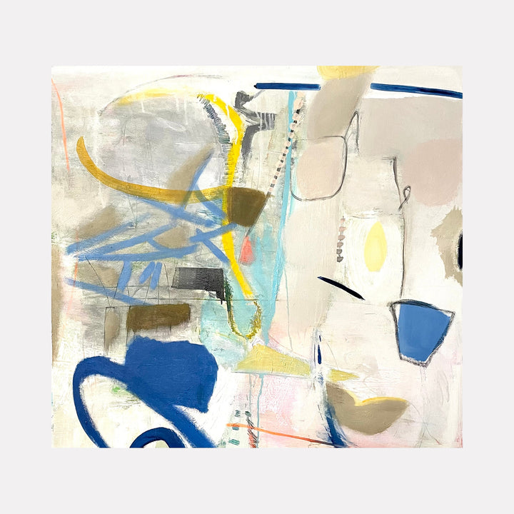 The artwork 'After Breakfast' by Jodi Fuchs features an abstract composition with dynamic brushstrokes in cobalt blue, soft yellow, and pale gray. Sweeping gestural lines and geometric shapes create movement across a creamy white background. The acrylic painting combines bold curves with subtle color transitions, evoking a light, airy morning atmosphere.