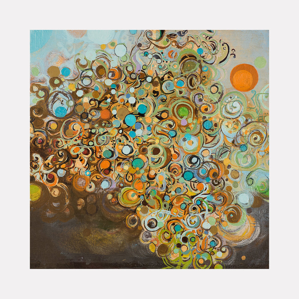 The artwork 'After The Rain' features a dynamic abstract composition of swirling circles and spirals in vibrant turquoise, orange, and brown tones. Oil paint creates textured patterns resembling bubbles and organic forms rising from a dark earth-toned base, suggesting natural movement and energy. The 12x12 inch canvas showcases a whimsical, fluid style by Lisa Ingram.