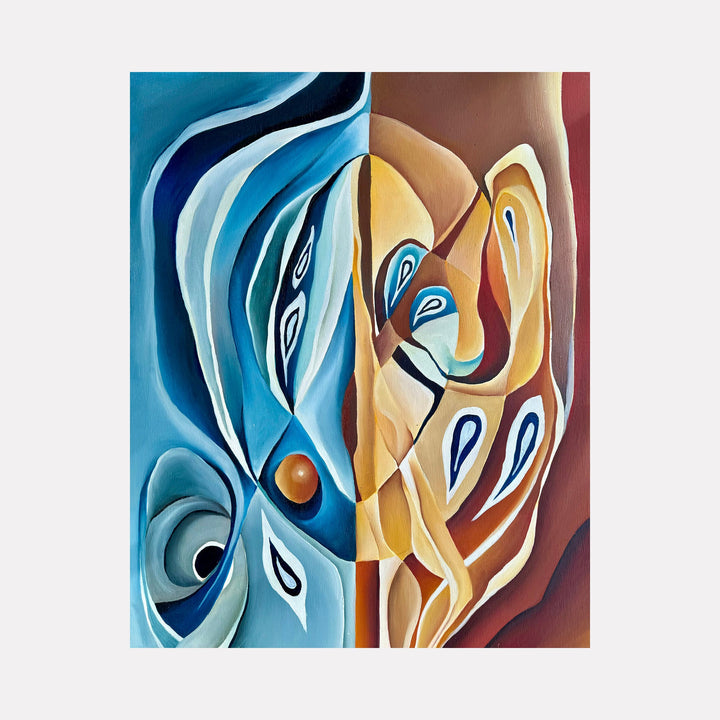 The artwork 'Afternoon Passage' features abstract flowing curves in contrasting turquoise and golden hues, creating a dynamic split composition. Teardrop-shaped motifs and spiral patterns merge in an organic, modern style. Oil painting on panel showcases smooth brushwork and bold color transitions. By Meam Hartshorn