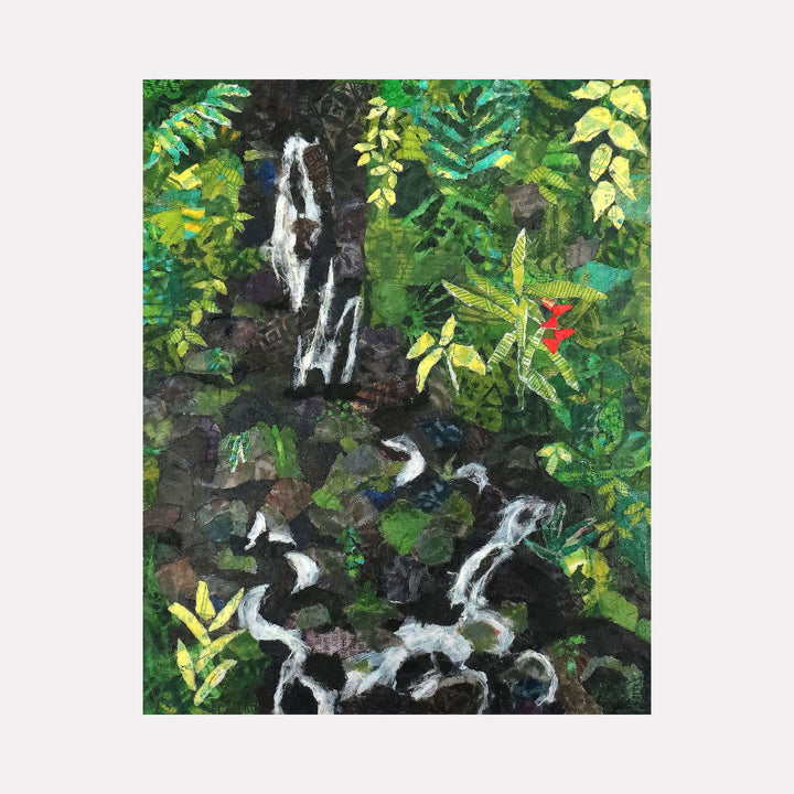 The artwork 'Aihualama Falls' by Natasha Papousek features a cascading waterfall rendered in white against dark rocks, surrounded by lush tropical foliage in vibrant greens and yellows. Paper collage elements create texture and depth, with a single red tropical flower accent. The composition captures the natural beauty of Hawaiian landscape on a wooden panel.