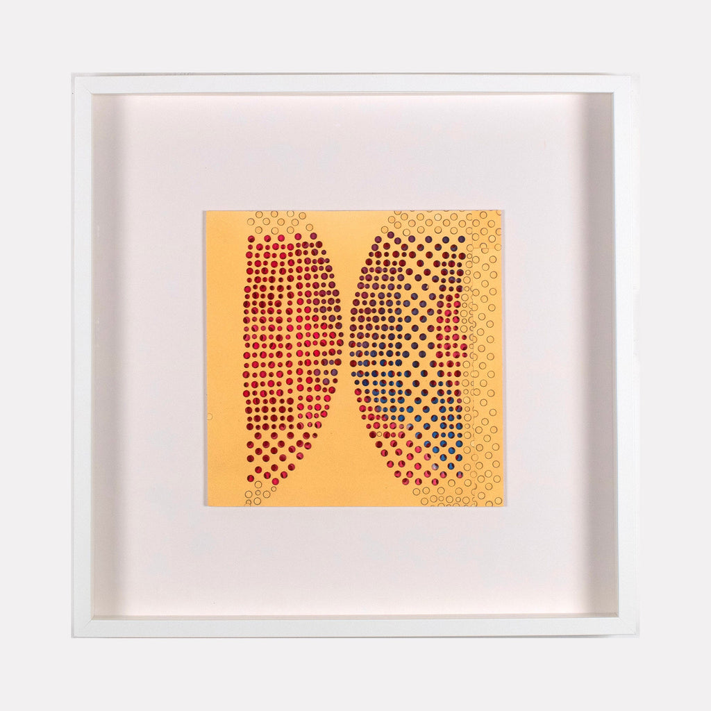 The artwork 'Aiton' by Margaret Griffith features two symmetrical wing-like shapes composed of small red and gray dots on a warm yellow background. The dotted pattern creates a delicate, pointillist effect within a square composition. The piece, created with acrylic on cut paper, is displayed in a clean white frame, showcasing a modern, minimalist aesthetic.