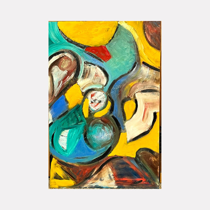 The artwork 'An Event' features bold abstract shapes in vibrant turquoise, yellow, and brown, with sweeping curved lines and dynamic brushstrokes. The oil painting on board showcases an expressive composition with organic forms interweaving across the surface, creating a sense of movement and energy. By Genevieve Antonello.