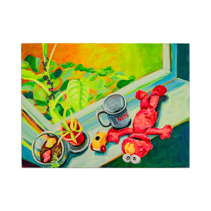 The artwork 'And Then She Became the Tree of Heaven' depicts a vibrant windowsill scene with lush green houseplants, a gray coffee mug, toy cars, and a red plush toy resting on a turquoise-tinted surface. Painted in expressive acrylic style on wood panel with bold yellow-green background. By Mary Younkin.