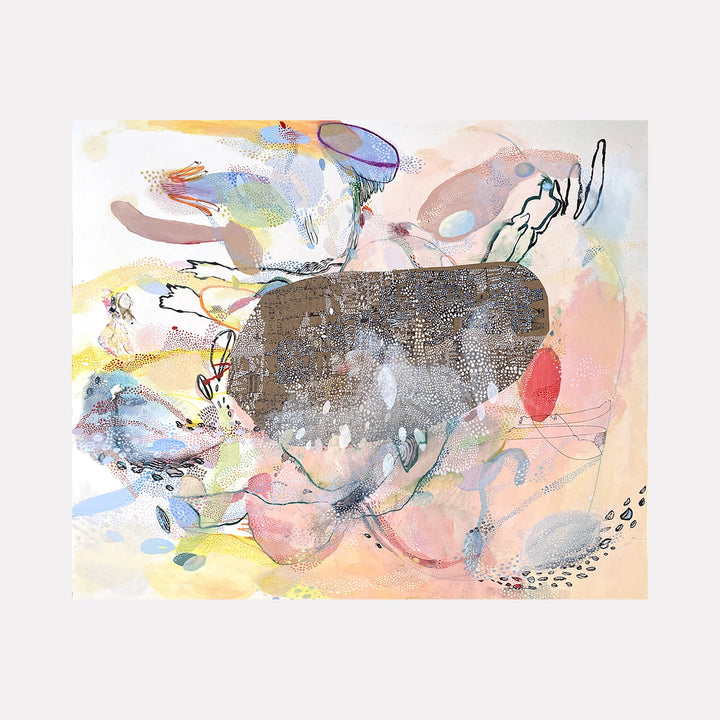 The artwork 'Blimp' by Amy Decker features an abstract composition with a large grey central form floating among ethereal pastel washes of peach, yellow, and blue. Delicate black line work and organic shapes dance across the surface, while textural elements and mixed media techniques create depth and movement in this 20x24 inch piece.