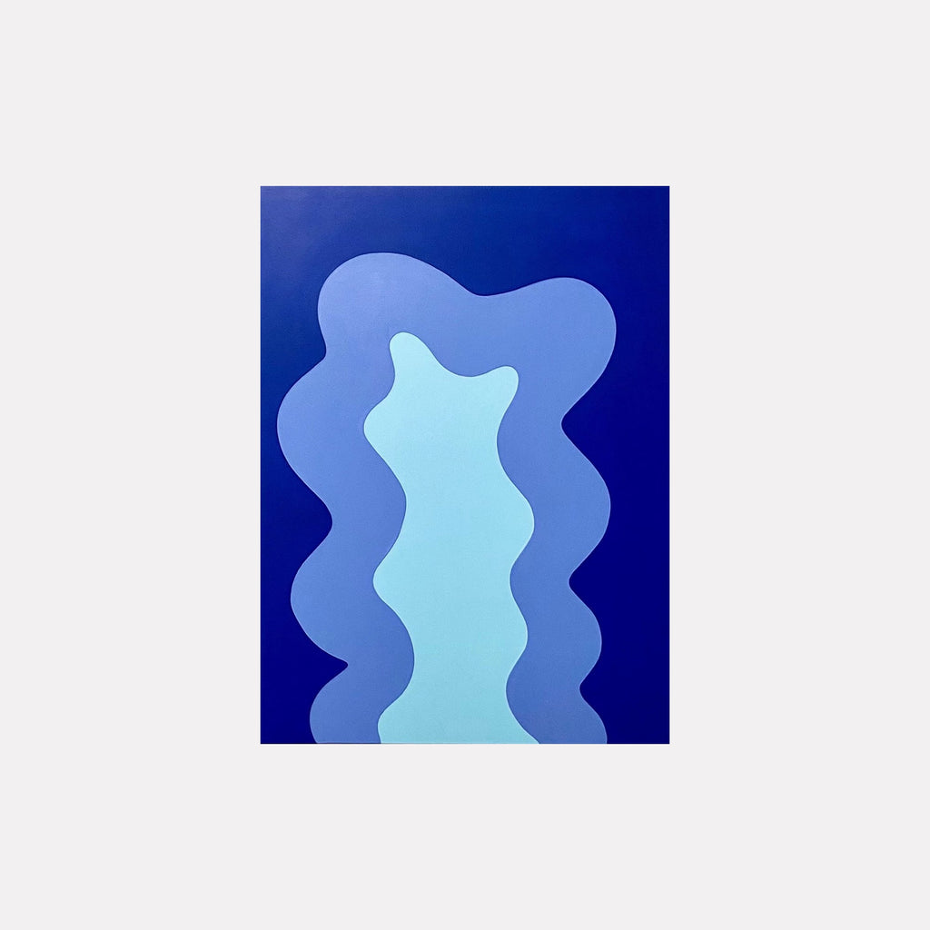 The artwork 'BLUE' by Shadia Sabagh features abstract flowing forms in varying shades of blue, from deep navy to light aqua. The composition showcases undulating wavy shapes that create a sense of movement and depth on the 24x18 inch acrylic canvas, with smooth gradients transitioning between each tonal layer.