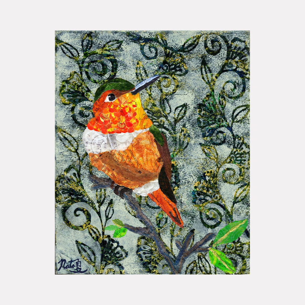 Backyard Birds: Allen's Hummingbird by Natasha Papousek features a vibrant paper collage depicting a rufous-orange hummingbird with white breast against a sage green background with intricate black spiral vine patterns. The bird's delicate form is rendered in layered painted paper, showcasing distinctive orange-red throat and brown body markings characteristic of the species.