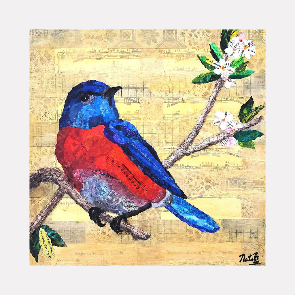 The artwork 'Backyard Birds: Western Bluebird' by Natasha Papousek features a vibrant paper collage of a Western Bluebird with bright blue wings and rusty-red breast, perched on a branch with white spring blossoms against a vintage sheet music background. Created using painted paper collage on wood panel, the piece combines textural elements and musical motifs.