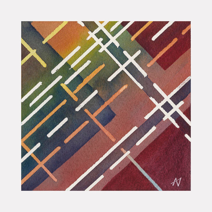 The artwork 'Barbed' features an abstract geometric pattern of intersecting white and orange lines against a gradient background transitioning from deep burgundy to forest green. The watercolor technique creates a textured, atmospheric effect with crossed linear elements suggesting a modernist grid composition. 5x5 inches watercolor painting by Arthur Norcome.