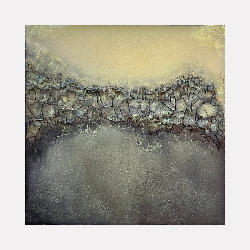 The artwork 'Barren Rhyme' by Abbey Stace features a textured abstract landscape with cracked plaster formations in earthy tones. A horizontal band of fractured, rocky textures spans across a misty golden sky, transitioning into a moody charcoal gray base, creating a stark geological aesthetic in mixed media.