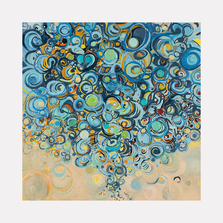 The artwork 'Before The Rain' by Lisa Ingram features a dynamic composition of swirling blue and turquoise circles against a warm beige background. The abstract pattern creates a sense of movement with spiraling forms, suggesting stormy weather approaching. Accents of yellow and orange add vibrancy to the 12x12 inch oil painting, creating depth and energy through layered circular motions.