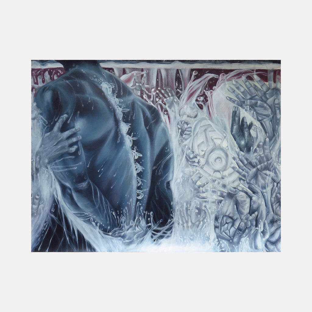 The artwork 'Black Body I' by Crystal Marshall features ethereal figures emerging from swirling patterns in shades of steel blue and white. Abstract forms blend with fluid, dreamlike textures creating a mysterious atmospheric composition. Mixed media techniques enhance the depth and movement across the 24x36 inch canvas.