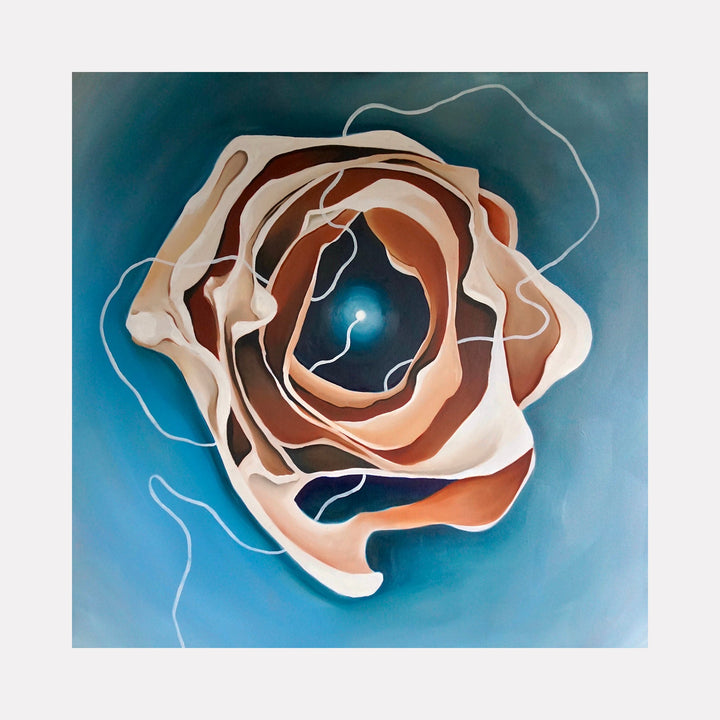 The artwork 'Bone Rose' by Meam Hartshorn features a stylized rose rendered in neutral bone-white and terracotta tones against a deep turquoise background. Abstract curved lines in white weave through the composition, creating a flowing, organic pattern. The rose petals appear layered and geometric, with sharp edges and smooth gradients, combining modern abstraction with botanical forms. Oil on canvas, 30x30 inches.