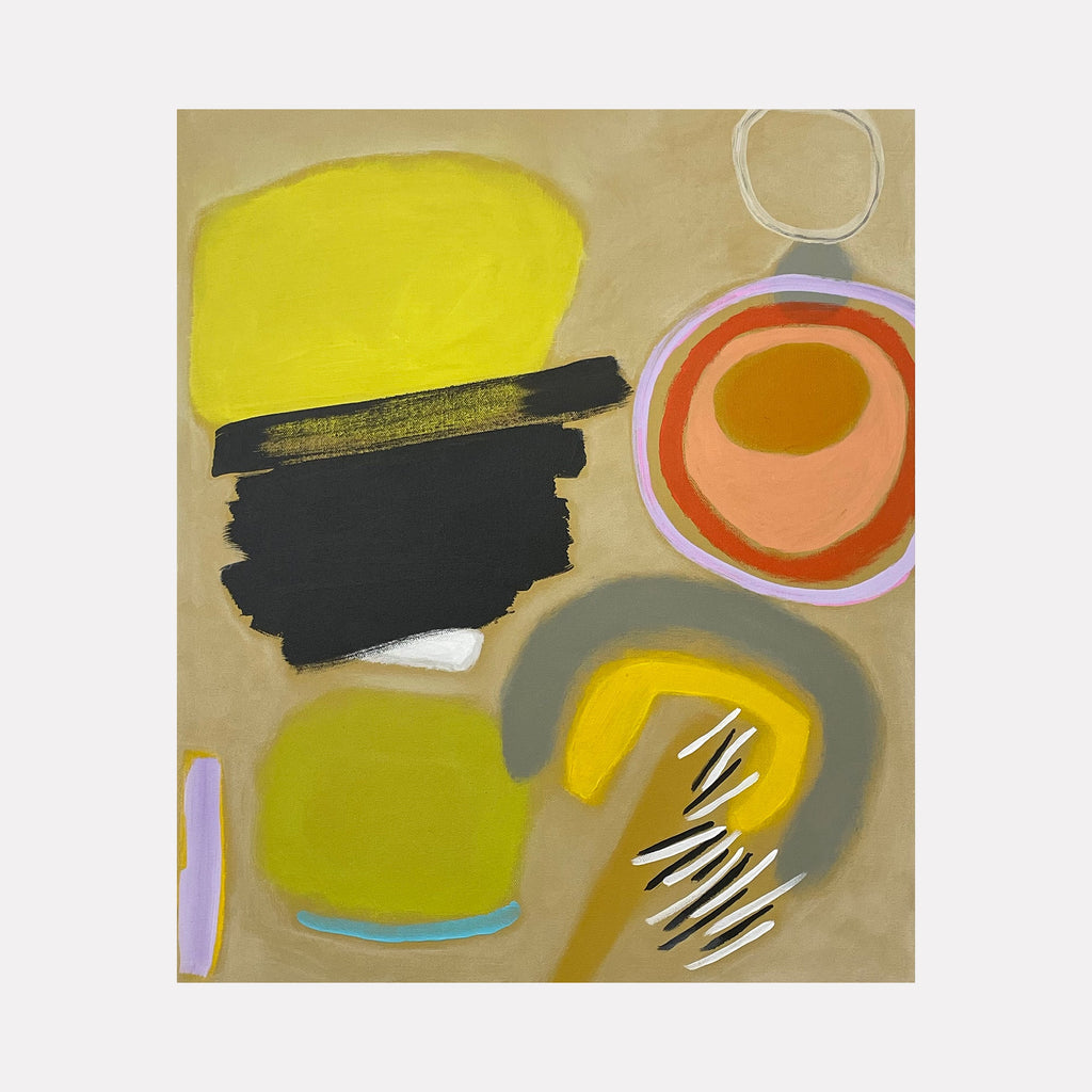 The artwork 'Boogie Woogie' by Jodi Fuchs features abstract geometric shapes in vibrant yellow, black, and orange against a warm beige background. Bold circular forms and organic shapes create a dynamic composition inspired by Miro's style. The acrylic painting combines layered elements with gestural black stripes, showcasing a modernist approach to abstract expressionism by Jodi Fuchs.