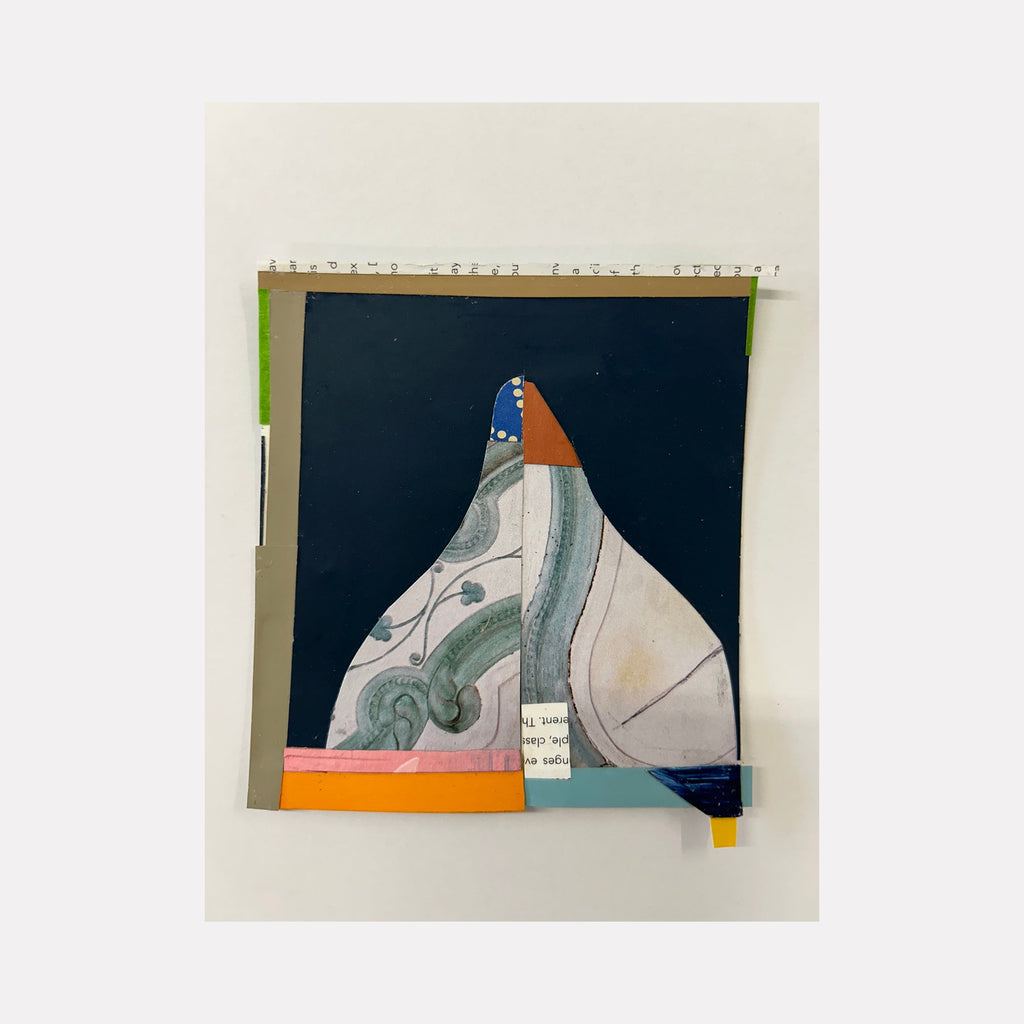 The artwork 'Box Top no. 57' by Janice La Motta features an abstract collage composition with a distinctive triangular form against a deep navy background. The central shape combines swirling grey patterns, an orange peak, and blue accents, bordered by vibrant orange and teal strips. The piece showcases a geometric yet fluid design measuring 5.5 x 4.75 inches. By Janice La Motta.