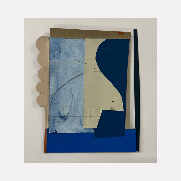 The artwork 'Box Top no. 64' by Janice La Motta features an abstract collage composition combining geometric shapes in varying shades of blue and beige. The left edge displays a scalloped pattern, while bold navy and light blue sections create dynamic spatial relationships. Textural elements and subtle distressing add depth to the 5.5 x 4.5 inch piece.