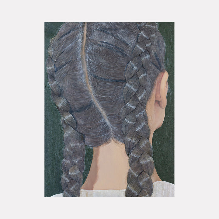 The artwork 'Braids' by Anastasia Korsakova features a detailed back view of intricately woven dark grey braids against a deep green background. The oil painting showcases meticulous attention to hair texture and light reflection, with two symmetrical plaits and a defined center part. The subject wears a white garment, creating striking contrast with the detailed hair study.