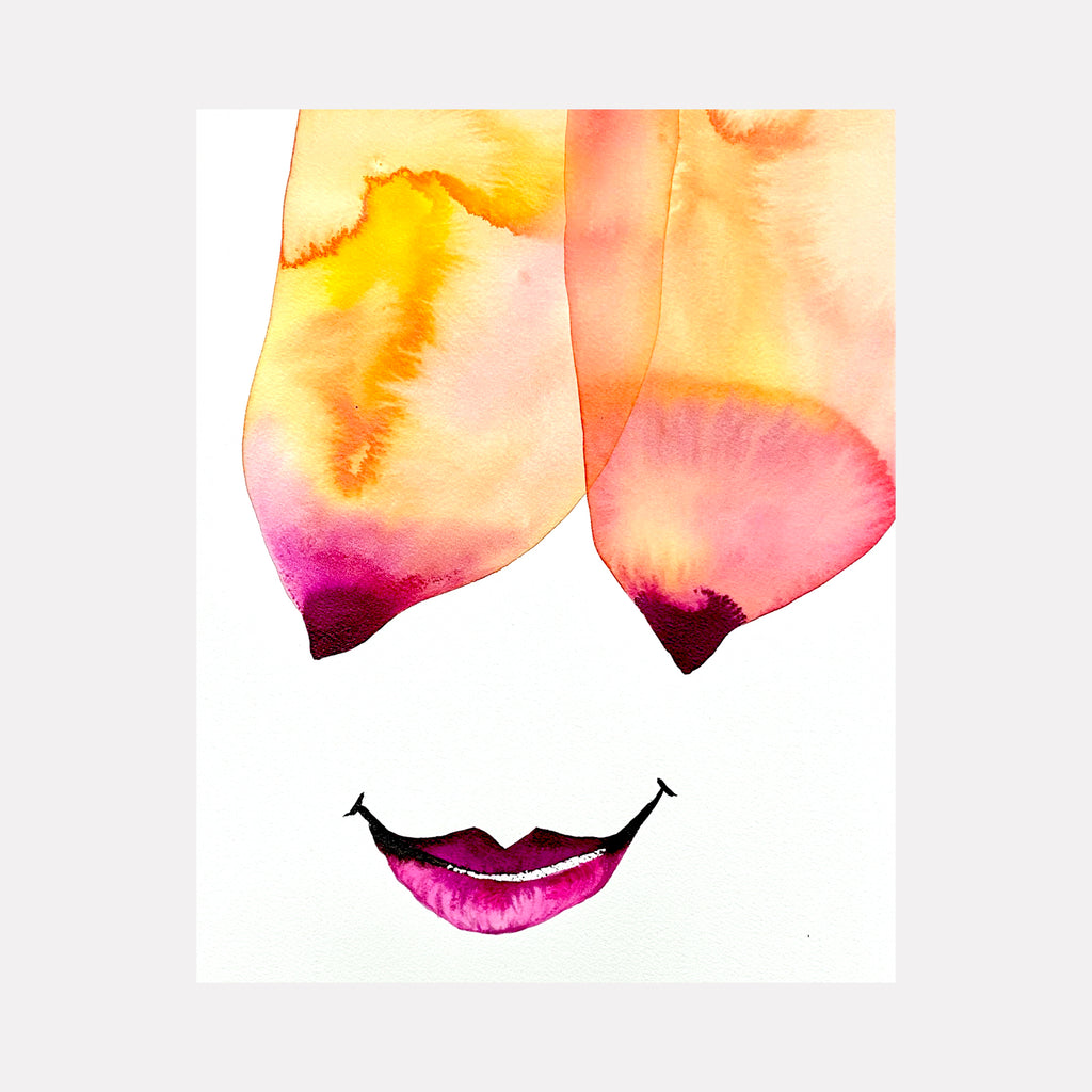 The artwork 'Bright Eyes' by Monica Carrier features abstract watercolor forms in vibrant yellow and pink hues, creating two floating shapes above a minimalist illustration of a smiling pink lip. The watercolor technique creates soft, ethereal blending effects on archival paper, measuring 14x10 inches.