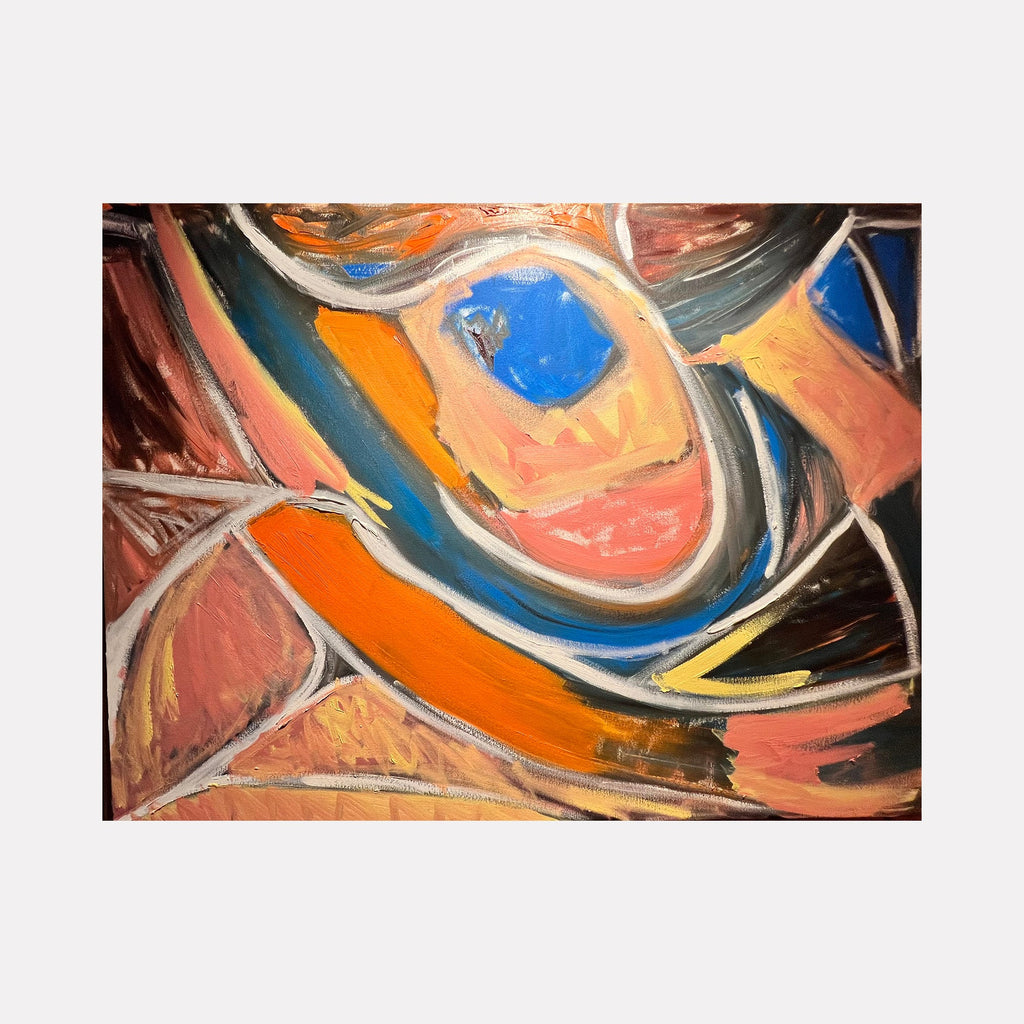 The artwork 'Bubble' by Genevieve Antonello features dynamic abstract curves in vibrant orange, blue, and coral tones. Bold brushstrokes create flowing organic shapes, with a striking electric blue circular element as focal point. Oil painting on canvas showcases expressive movement through swirling lines and contrasting colors in modern abstract style.