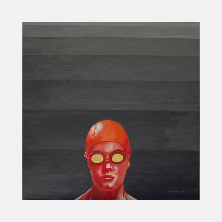 The artwork 'Bye, Barents Sea' by Anastasia Korsakova features a striking figure in a vibrant red swimming cap and goggles against a dark, moody gray background. The oil painting showcases bold contrast between the bright red and shadowy backdrop, with smooth brushwork creating a dramatic, atmospheric effect. The 36x36 inch canvas captures a minimalist yet powerful composition.