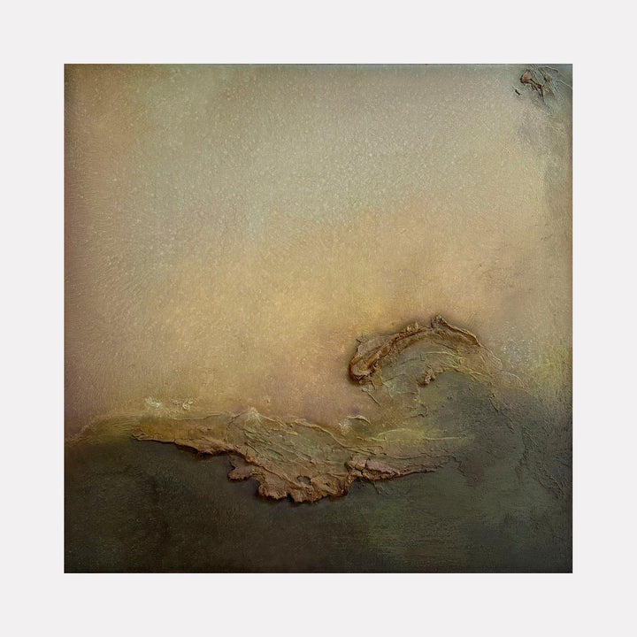 The artwork 'Bygone Hours' by Abbey Stace features a textured abstract landscape in muted earth tones. The composition blends soft beige and cream hues in the upper portion transitioning to deep olive green below, with a distinctive raised textural element in plaster and sand creating an organic, weathered formation across the center. The mixed media piece combines plaster, acrylic, and oil for a dimensional effect.