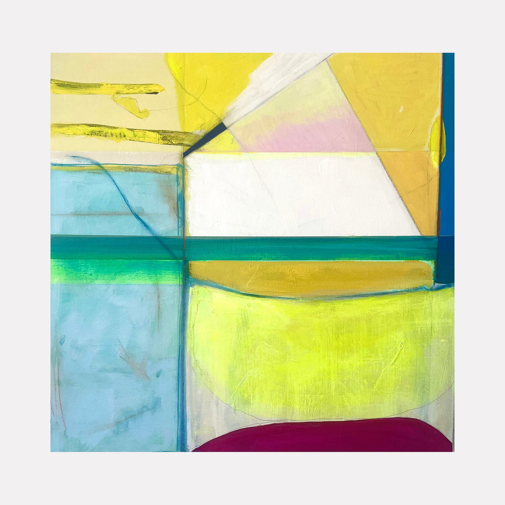 The artwork 'Clarity' by Jodi Fuchs features geometric abstract shapes in vibrant colors. Angular blocks of turquoise blue, neon yellow, and deep magenta create a dynamic composition. Delicate graphite lines intersect with bold acrylic brushstrokes, while soft pastels blend into crisp edges, expressing a sense of balance and intention.